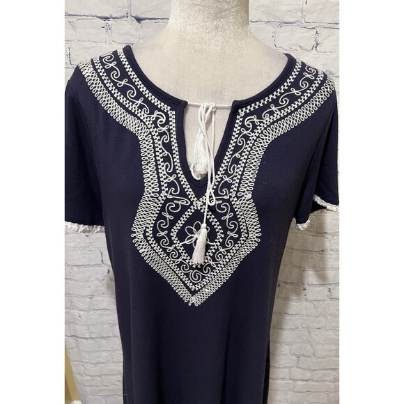 Spence Short Sleeve Navy Blue Midi Dress With Embroidery And Tie Neck Size XL - Picture 2 of 7
